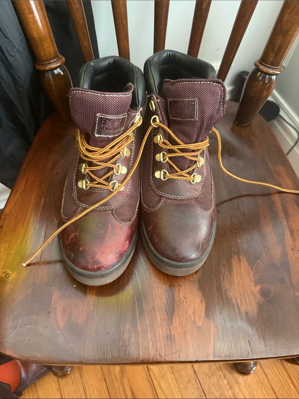 Timberland Burgundy Leather Work Boots with Yellow Laces